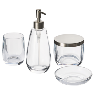 Beliani 4-Piece Bathroom Accessories Set Clear Glass Glam Soap Dispenser Soap Dish Toothrbrush Holder Cup Material:Glass Size:11x21x11