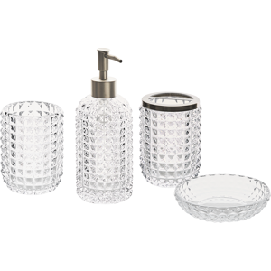 Beliani 4-Piece Bathroom Accessories Set Clear Glass Glam Soap Dispenser Soap Dish Toothrbrush Holder Cup Material:Glass Size:9x20x11