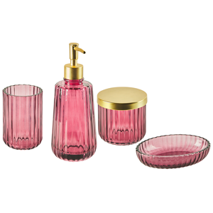 Beliani 4-Piece Bathroom Accessories Set Pink Glass Glam Soap Dispenser Soap Dish Toothrbrush Holder Cup Material:Glass Size:10x21x13