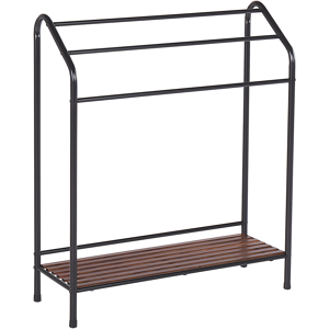 Beliani Towel Stand Black Steel Matt Powder Coated Dark Pine Wood Shelf 3 Rails Standing Towel Rack Modern Bathroom Accessories Material:Steel Size:27x85x72