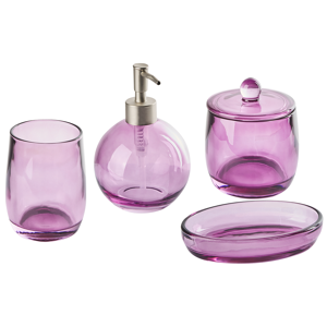 Beliani 4-Piece Bathroom Accessories Set Violet Glass Glam Soap Dispenser Soap Dish Toothrbrush Holder Cup Material:Glass Size:11x16x14
