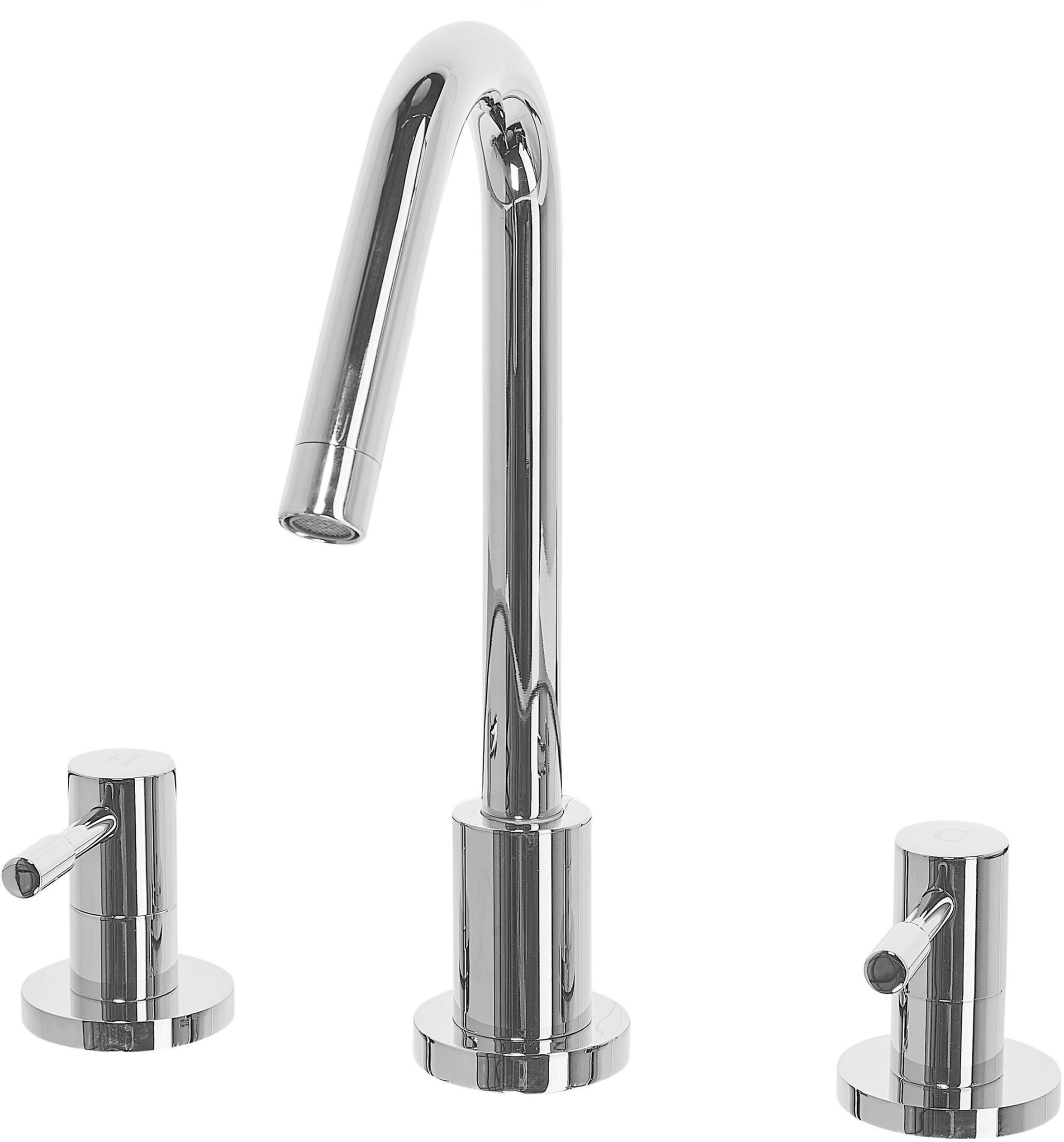 Beliani Basin Mixer Tap Silver Glossy Metal Brass Modern Bathroom Twin Lever Faucet