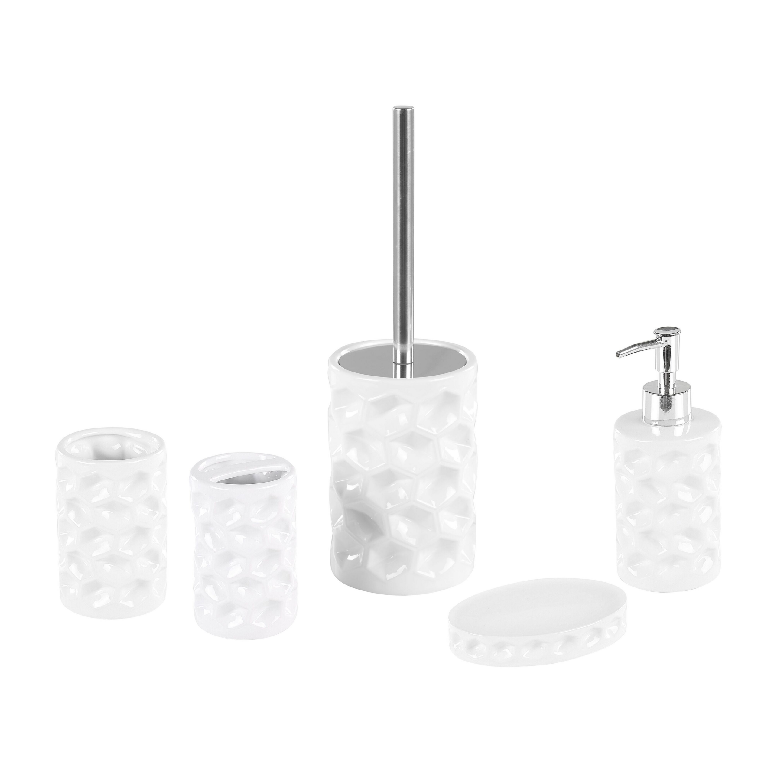 Beliani Bathroom Accessories Set White Ceramic Glam Soap Dispenser Toilet Brush Tumblers