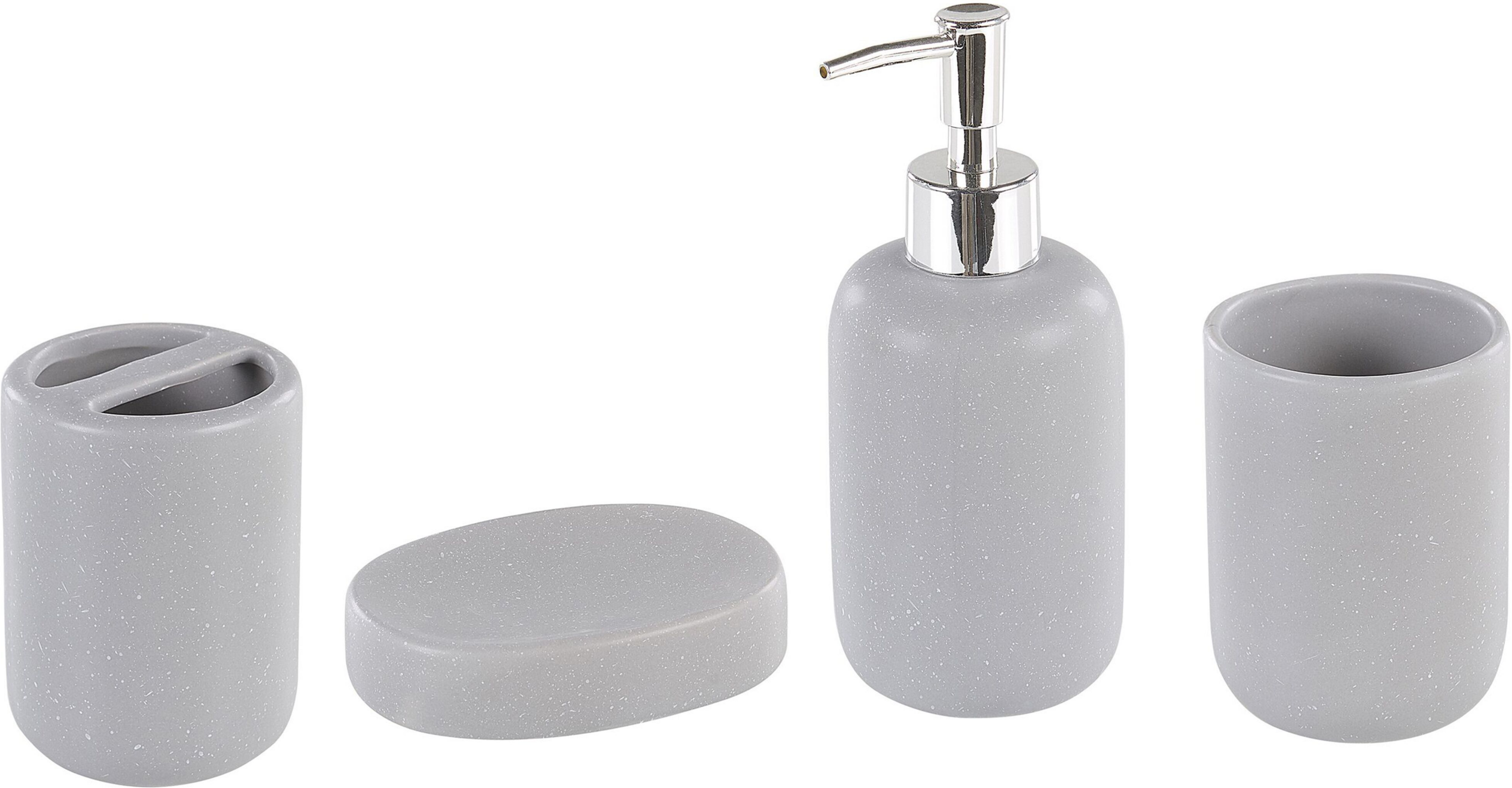 Beliani Bathroom Accessories Set Grey Ceramic Minimalistic Soap Dispenser Toothbrush Holder Tumblers