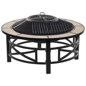 Beliani Outdoor Fire Pit Black with Beige Still Ceramic Round Base Accessories Garden BBQ Material:Steel Size:84x50x84