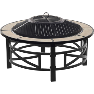 Beliani Outdoor Fire Pit Black with Beige Still Ceramic Round Base Accessories Garden BBQ Material:Steel Size:84x50x84