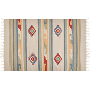 Beliani Klim Area Rug Beige and Brown Cotton 140 x 200 cm Cut Shuttle Handwoven Floor Wall Rug Geometric Symbols Reversible Pattern Tassels Material:Cotton Size:xx140