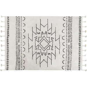 Beliani Rug Off-White Black Cotton 140 x 200 cm Geometric Pattern Runes Tribal Tassels Oriental Material:Cotton Size:xx140