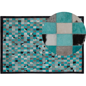 Beliani Area Rug Carpet Turquoise and Grey Leather Chequered 140 x 200 cm Modern Eclectic Material:Leather Size:xx140