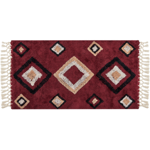 Beliani Area Rug Red Cotton 80 x 150 cm Rectangular with Tassels Diamond Pattern Boho Oriental Style Material:Cotton Size:xx80