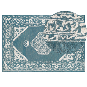 Beliani Area Rug White Blue Wool 140 x 200 cm Flat Weave Hand Tufted Oriental Pattern Material:Wool Size:xx140