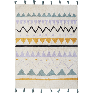 Beliani Area Rug Beige and Green Cotton Abstract Pattern 140 x 200 cm Low Pile with Tassels for Children Playroom  Material:Cotton Size:xx140