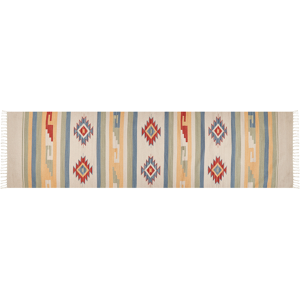 Beliani Klim Area Rug Beige and Brown Cotton 80 x 300 cm Cut Shuttle Handwoven Floor Wall Rug Geometric Symbols Reversible Pattern Tassels Material:Cotton Size:xx80