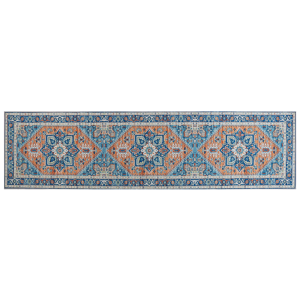 Beliani Runner Rug Blue and Orange Polyester 80 x 300 cm Geometric Oriental Pattern Anti-Slip Bottom Modern Hallway Material:Polyester Size:xx80