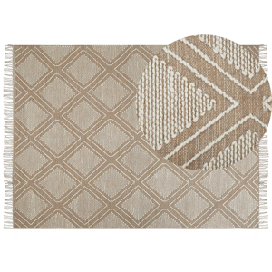 Beliani Rug Off-White Beige Cotton Wool 160 x 230 cm Geometric Pattern Runes Tribal Tassels Oriental Material:Cotton Size:xx160