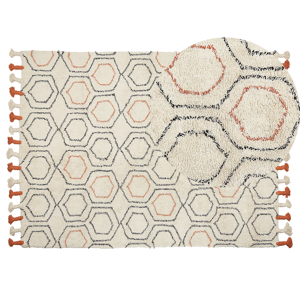 Beliani Area Rug Beige and Orange Cotton 140 x 200 cm Geometric Pattern Hand Tufted Shaggy with Tassels Design Living Room Bedroom Boho Material:Cotton Size:xx140