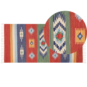 Beliani Kilim Area Rug Multicolour Cotton 80 x 150 cm Handwoven Reversible Flat Weave Geometric Pattern with Tassels Traditional Boho Living Room Bedroom Material:Cotton Size:xx80