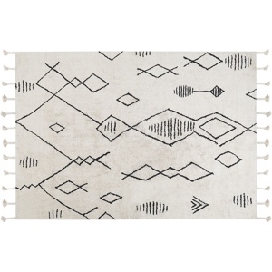 Beliani Rug Off-White Black Cotton 140 x 200 cm Geometric Pattern Runes Tribal Tassels Oriental Material:Cotton Size:xx140