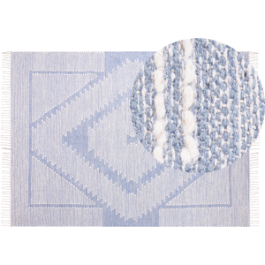 Beliani Rug Off-White Blue Cotton Wool 140 x 200 cm Geometric Pattern Runes Tribal Tassels Oriental Material:Cotton Size:xx140