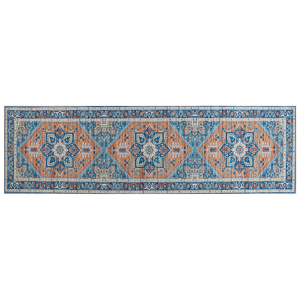 Beliani Runner Rug Blue and Orange Polyester 60 x 200 cm Geometric Oriental Pattern Anti-Slip Bottom Modern Hallway Material:Polyester Size:xx60