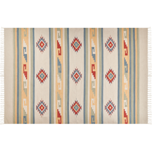 Beliani Klim Area Rug Beige and Brown Cotton 200 x 300 cm Cut Shuttle Handwoven Floor Wall Rug Geometric Symbols Reversible Pattern Tassels Material:Cotton Size:xx200