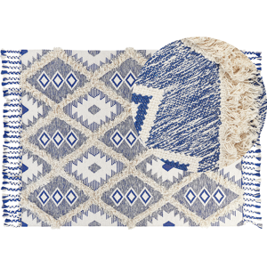 Beliani Area Rug Light Beige and Blue Cotton 140 x 200 cm Rectangular with Tassels Geometric Pattern Handwoven Modern Boho Style Living Room Bedroom Material:Cotton Size:xx140