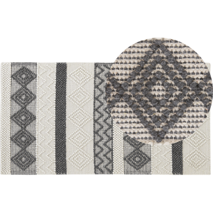 Beliani Area Rug Beige and Grey Wool Polyester 80 x 150 cm Hand Woven Geometric Pattern Boho Living Room Bedroom Material:Wool Size:xx80