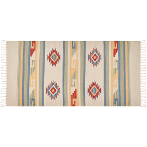 Beliani Klim Area Rug Beige and Brown Cotton 80 x 150 cm Cut Shuttle Handwoven Floor Wall Rug Geometric Symbols Reversible Pattern Tassels Material:Cotton Size:xx80