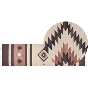 Beliani Klim Area Rug Beige and Brown Cotton 80 x 300 cm Cut Shuttle Handwoven Floor Wall Rug Geometric Reversible Pattern Tassels Material:Cotton Size:xx80