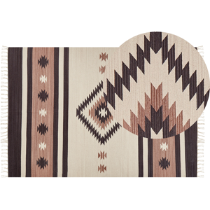 Beliani Klim Area Rug Beige and Brown Cotton 140 x 200 cm Cut Shuttle Handwoven Floor Wall Rug Geometric Reversible Pattern Tassels Material:Cotton Size:xx140