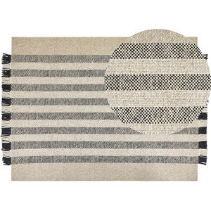 Beliani Area Rug Off-White and Black Wool 160 x 230 cm Rectangular Hand Woven with Tassels Modern Design Material:Wool Size:xx160