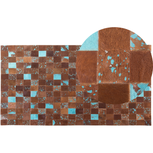 Beliani Rug Brown and Blue Leather 80 x 150 cm Cowhide Hand Crafted Material:Cowhide Leather Size:xx80