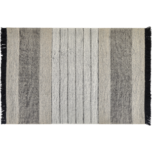 Beliani Rug Beige and Black Wool Cotton 140 x 200 cm Hand Woven Flat Weave with Tassels Material:Wool Size:xx140