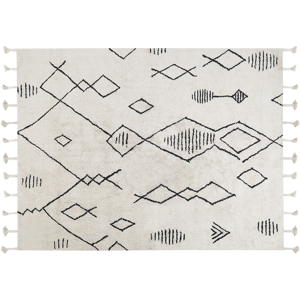 Beliani Rug Off-White Black Cotton 160 x 230 cm Geometric Pattern Runes Tribal Tassels Oriental Material:Cotton Size:xx160