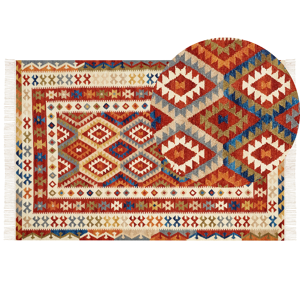 Beliani Kilim Area Rug Multicolour Wool 200 x 300 cm Hand Woven Flat Weave Geometrical Pattern with Tassels Traditional Living Room Bedroom Material:Wool Size:xx200
