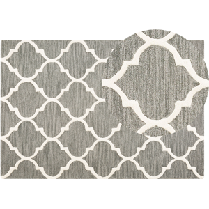 Beliani Rug Grey Wool 140 x 200 cm Trellis Quatrefoil Pattern Hand Tufted Oriental Moroccan Clover Material:Wool Size:xx140