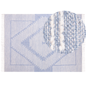 Beliani Rug Off-White Blue Cotton Wool 160 x 230 cm Geometric Pattern Runes Tribal Tassels Oriental Material:Cotton Size:xx160