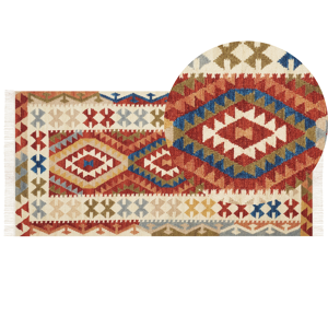 Beliani Kilim Area Rug Multicolour Wool 80 x 150 cm Hand Woven Flat Weave Geometrical Pattern with Tassels Traditional Living Room Bedroom Material:Wool Size:xx80