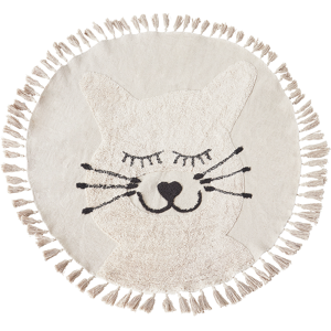 Beliani Area Rug Beige Cotton ø 120 cm Round Decorative Cat Pattern Tassels Boho Style Living Room Kids Children's Room Material:Cotton Size:xx120