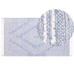Beliani Rug Off-White Blue Cotton Wool 80 x 150 cm Geometric Pattern Runes Tribal Tassels Oriental Material:Cotton Size:xx80