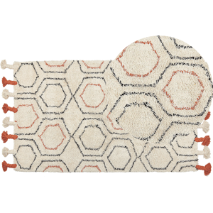 Beliani Area Rug Beige and Orange Cotton 80 x 150 cm Geometric Pattern Hand Tufted Shaggy with Tassels Design Living Room Bedroom Boho Material:Cotton Size:xx80