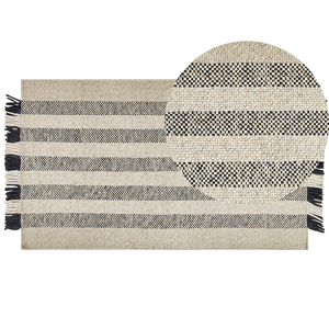 Beliani Area Rug Off-White and Black Wool 80 x 150 cm Rectangular Hand Woven with Tassels Modern Design Material:Wool Size:xx80