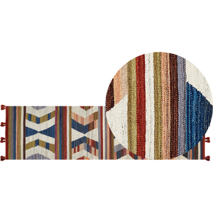 Beliani Kilim Runner Rug Multicolour Wool and Cotton 80 x 300 cm Handmade Woven Boho Striped Pattern with Tassels Material:Wool Size:xx80