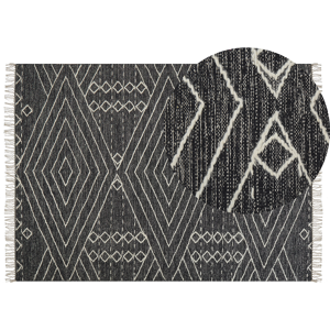 Beliani Rug Off-White Black Cotton Wool 140 x 200 cm Geometric Pattern Runes Tribal Tassels Oriental Material:Cotton Size:xx140