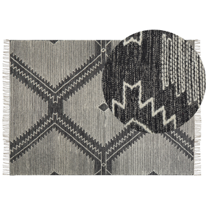 Beliani Rug Off-White Black Cotton Wool 140 x 200 cm Geometric Pattern Runes Tribal Tassels Oriental Material:Cotton Size:xx140