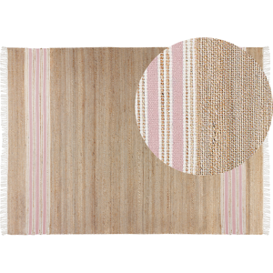 Beliani Area Rug Beige and Pastel Pink Jute 160 x 230 cm Rectangular Dhurrie with Tassels Striped Pattern Handwoven Boho Style Hallway Material:Jute Size:xx160