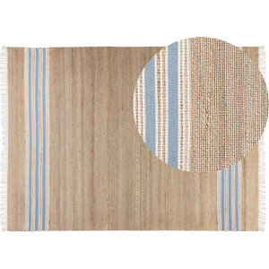 Beliani Area Rug Beige and Light Blue Jute 160 x 230 cm Rectangular Dhurrie with Tassels Striped Pattern Handwoven Boho Style Hallway Material:Jute Size:xx160