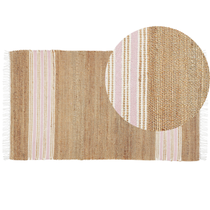 Beliani Area Rug Beige and Pastel Pink Jute 80 x 150 cm Rectangular Dhurrie with Tassels Striped Pattern Handwoven Boho Style Hallway Material:Jute Size:xx80