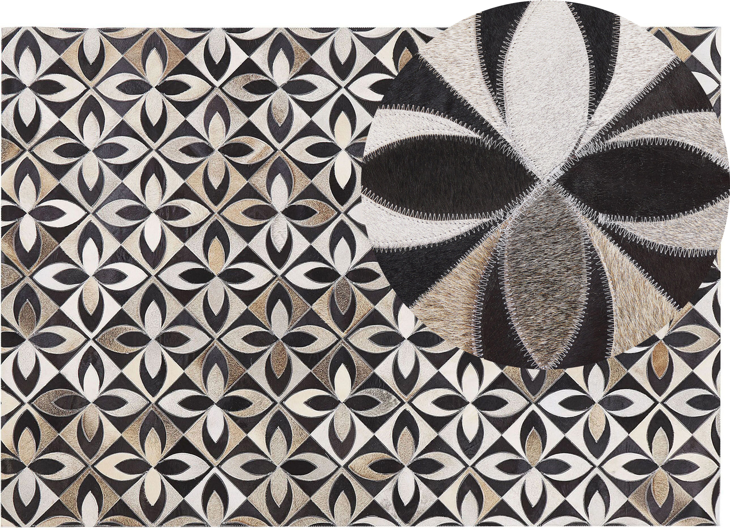 Beliani Area Rug Black and White Cowhide Leather 160 x 230 cm Floral Pattern Patchwork