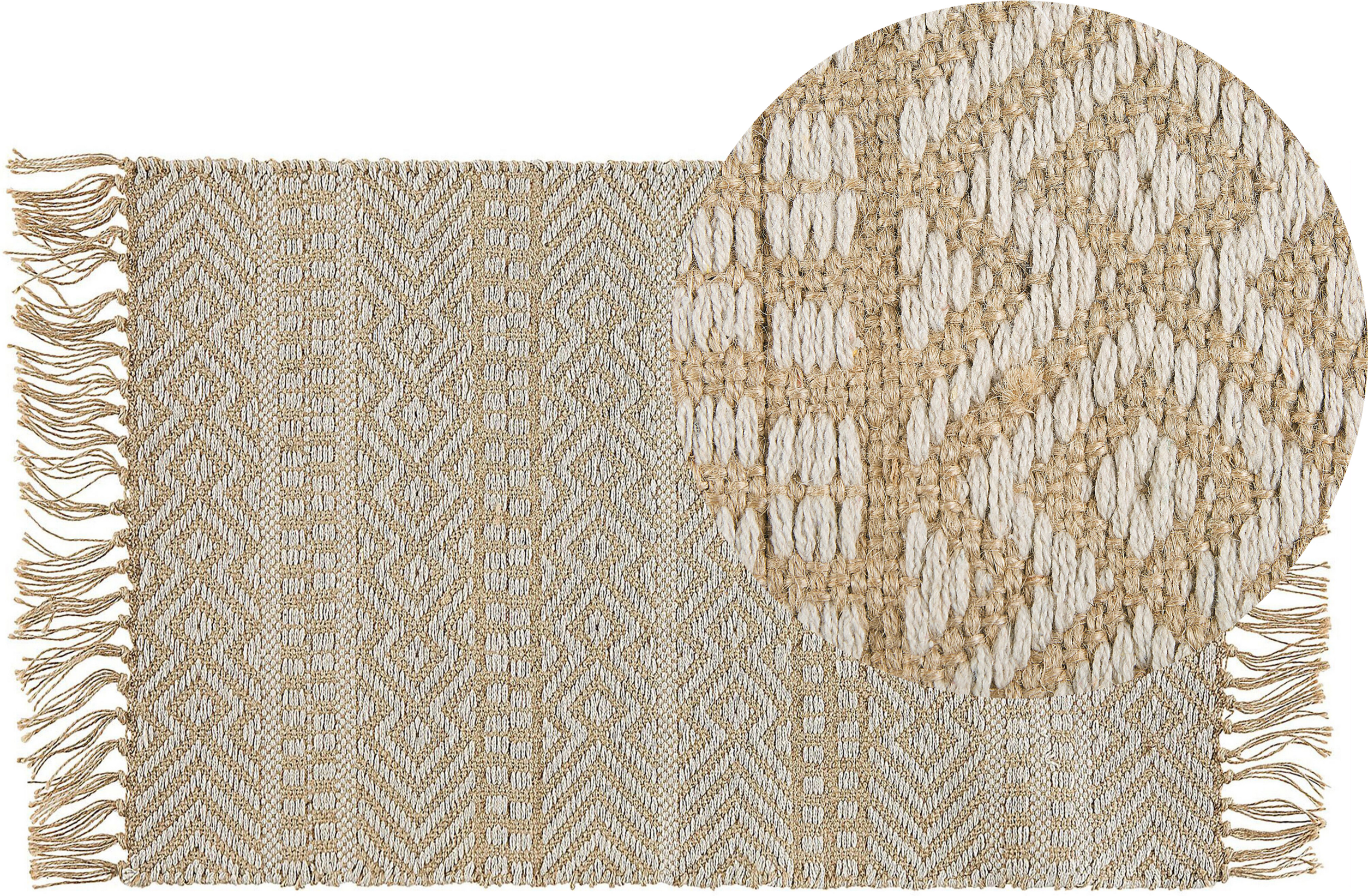 Beliani Runner Rug Beige Jute and Cotton 50 x 80 cm Fringed Hand Woven Boho Hallway Bedroom